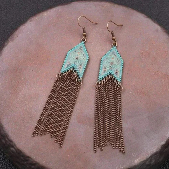 Bohemian Turquoise Bronze Tassel Drop Earrings - Picture 6 of 6